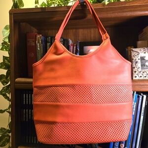 Coral Red Tote Bag, Diamond Punched, Perforated Detailing